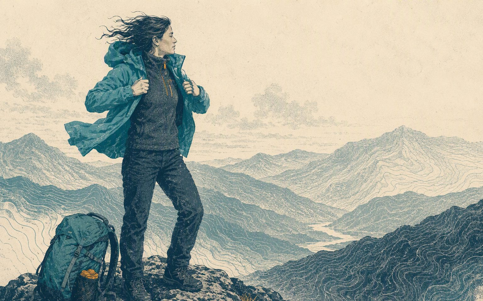 How to layer for a day hike without carrying your whole closet — risograph field illustration.