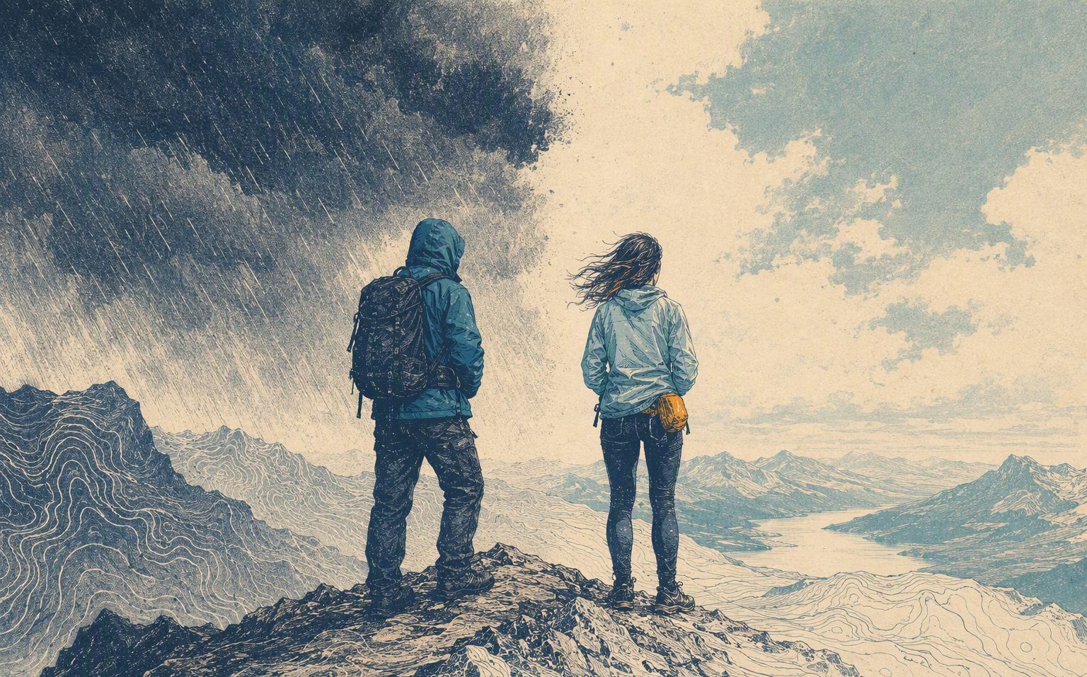 Rain shell or wind shell: choose for the weather you will actually hike in — risograph field illustration.
