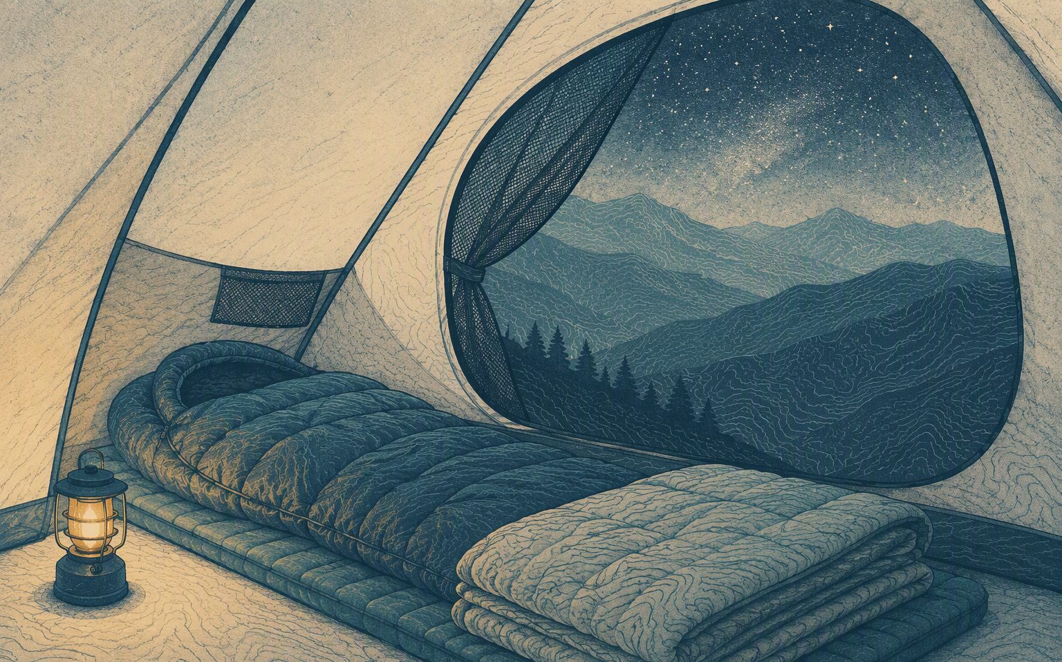 A first camping sleep system that works as one unit — risograph field illustration.