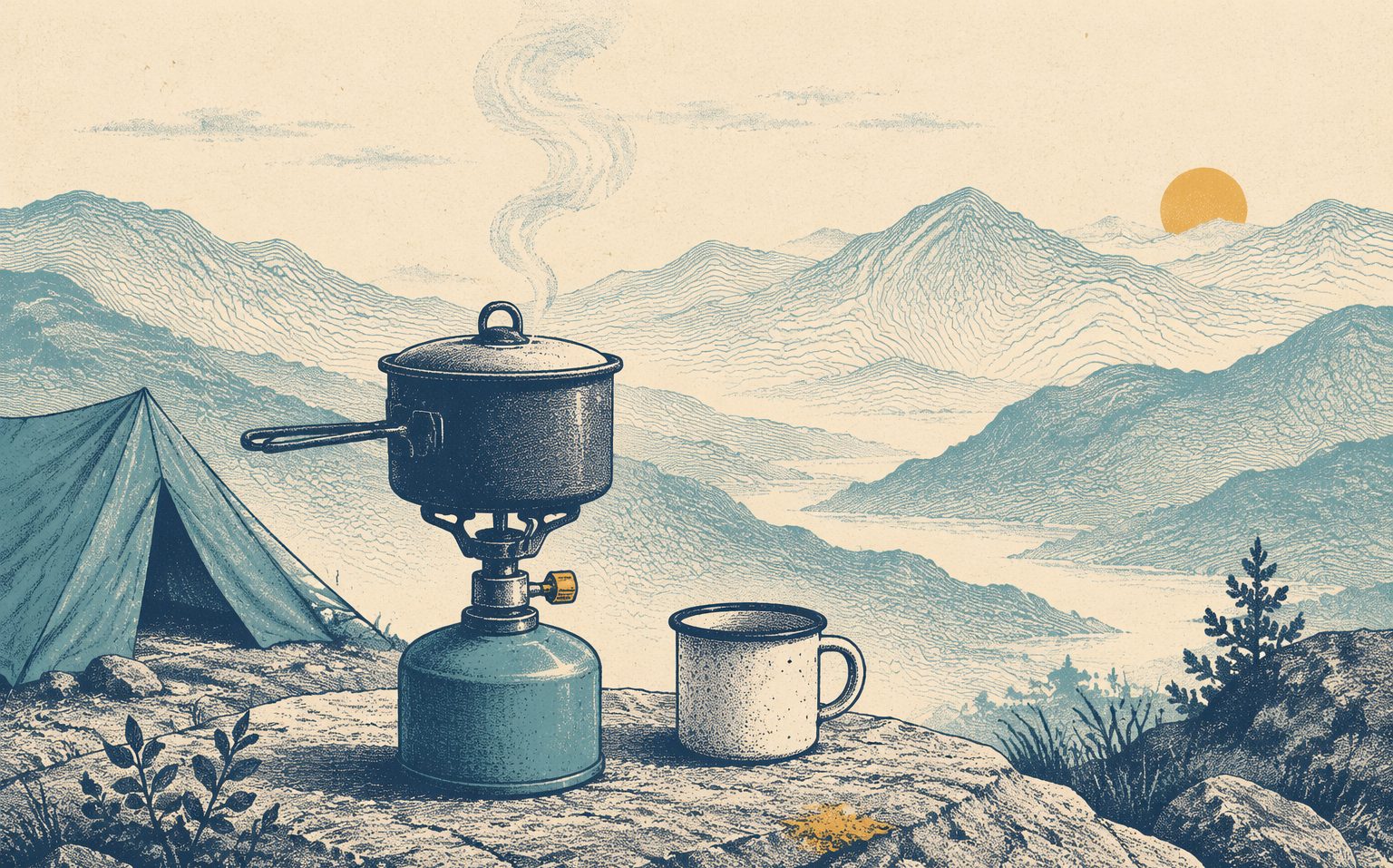 Camping stove basics: choose the meal, then the stove — risograph field illustration.