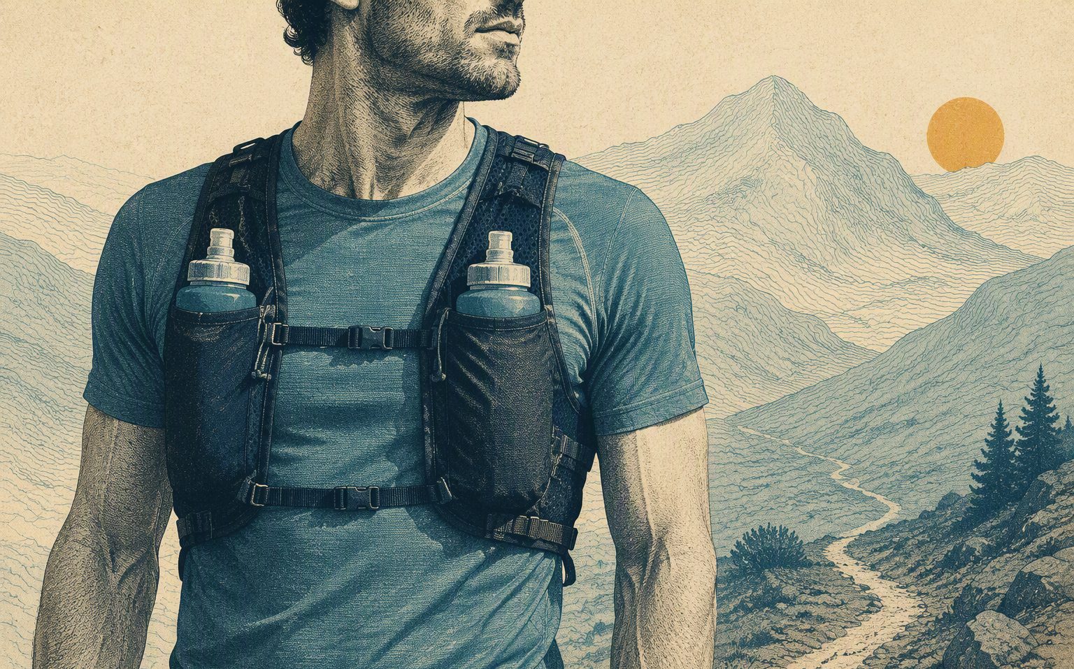 How a trail-running vest should fit before you fill it — risograph field illustration.