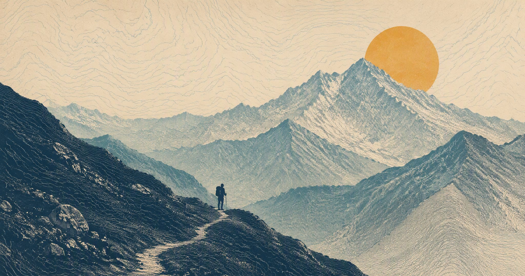 Layered mountain ridges at dawn rendered as risograph contour lines, a lone hiker on a winding trail beneath a pale sun.